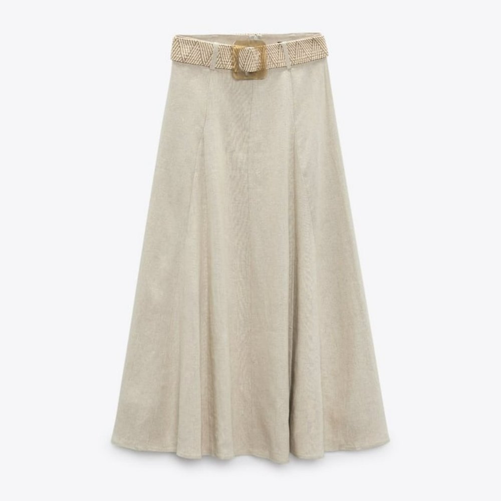 Zara linen blend midi skirt light beige Sz XL - Picture 5 of 7